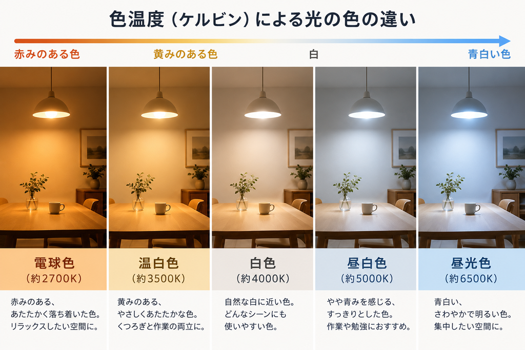 電球色・温白色・白色・昼白色・昼光色の色温度と、ダイニングでの光の見え方の違い